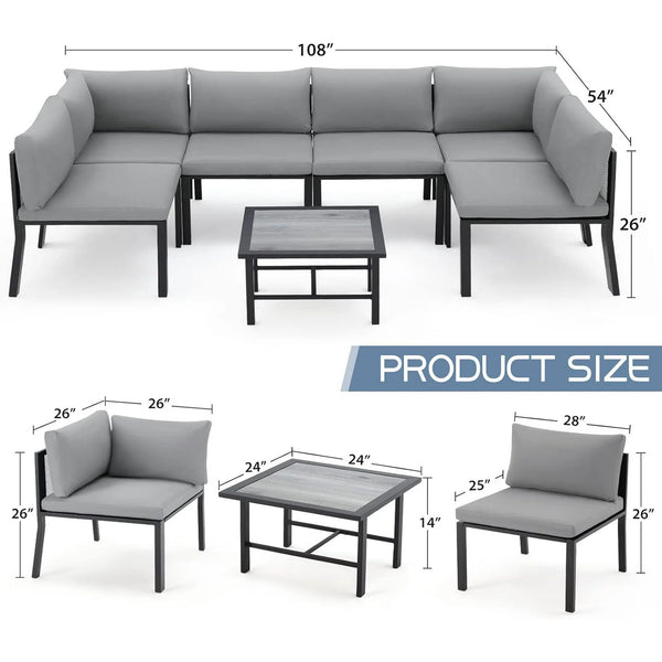 AECOJOY 7-Piece Metal Mesh Outdoor Furniture Set with Cushions and Waterproof Cover, Wooden Table, Ideal for Garden, Backyard, Balcony, & Lawn (Grey)