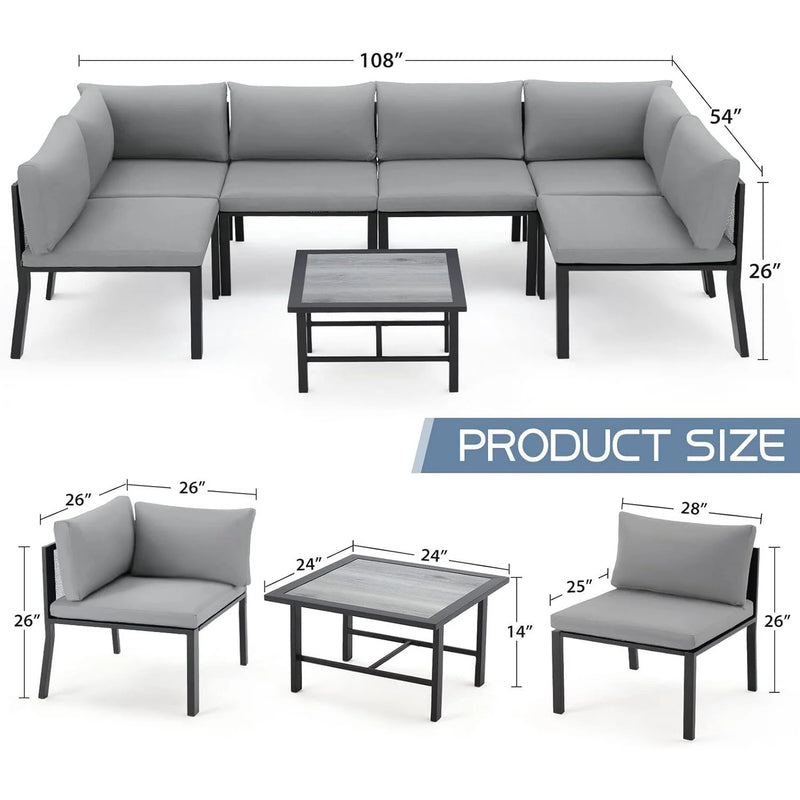 AECOJOY 7-Piece Metal Mesh Outdoor Furniture Set with Cushions and Waterproof Cover, Wooden Table, Ideal for Garden, Backyard, Balcony, & Lawn (Grey)