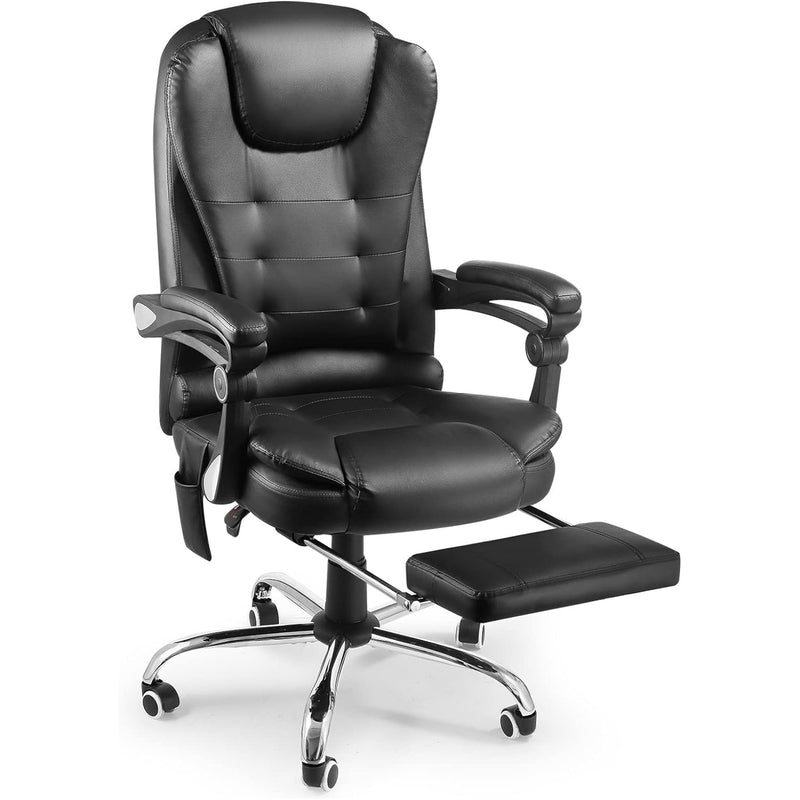 AECOJOY Ergonomic Reclining Office Chair, Heat & Massage High Back Desk Chair w/Retractable Footrest, Executive Swivel Leather Chair for Office, Home, Study, Black