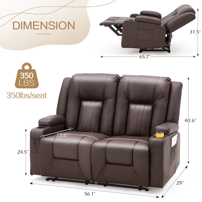 AECOJOY Manual Reclining Loveseat with Cup Holders&Side Pockets, PU Leather Double Recliner Loveseat Home Theater Seating-Brown