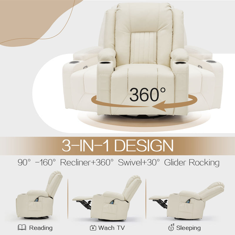 AECOJOY Massage Manual Recliner Chair with Heat and Vibration Massage, PU Leather Swivel Rocker Recliner Chair for Adults with 2 Cup Holders, Remote Control-Cream White