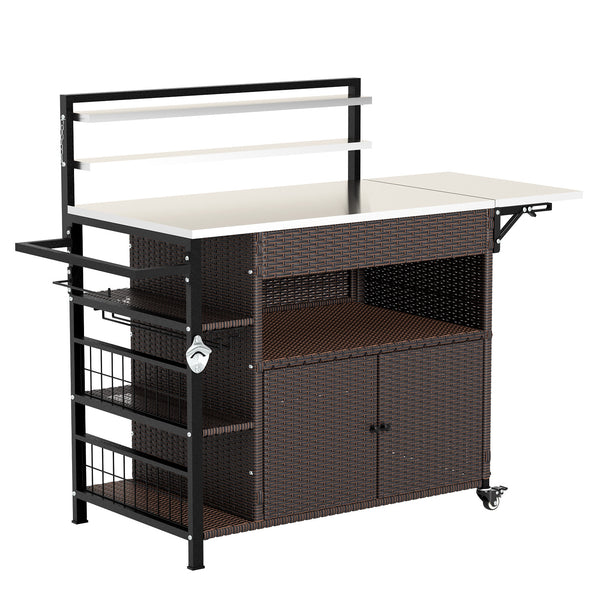YODOLLA Outdoor Bar Cart with Rattan Storage Cabinet, Outdoor Prep Table Grill Cart with Rolling Wheels, Dark Brown