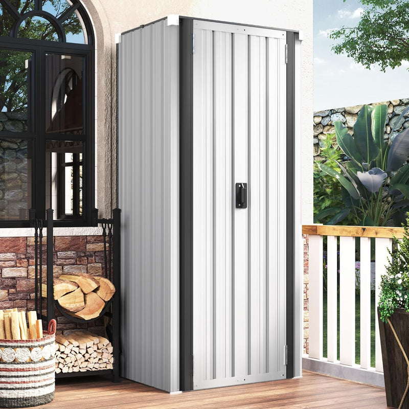 AECOJOY Outdoor Storage Cabinet Metal Organizer for Outside, Garden& Garage Patio Storage Building with Doors and Shelves in White