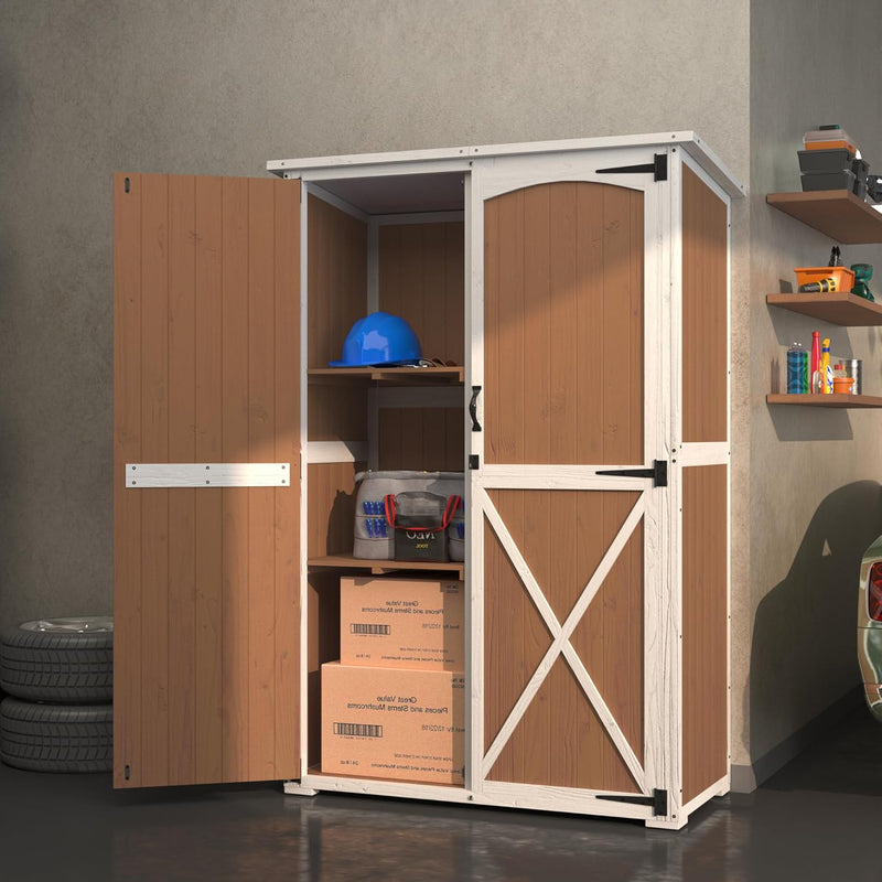 YODOLLA Outdoor Wooden Storage Shed with Waterproof Roof, Patio Storage Cabinet with 2 Removable Shelves and Double Lockable Doors in Brown
