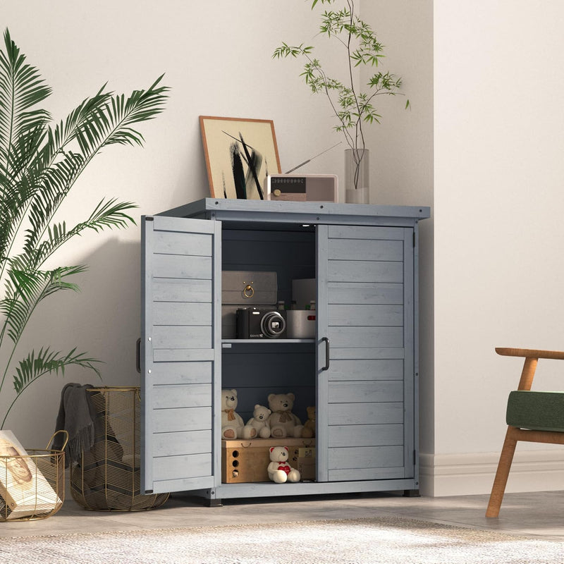 YODOLLA Wooden Free-Standing Floor Cabinet，Practical Storage Cabine with Metal Tabletop and 2 Doors for Kitchen, Entryway, Living Room, Gray