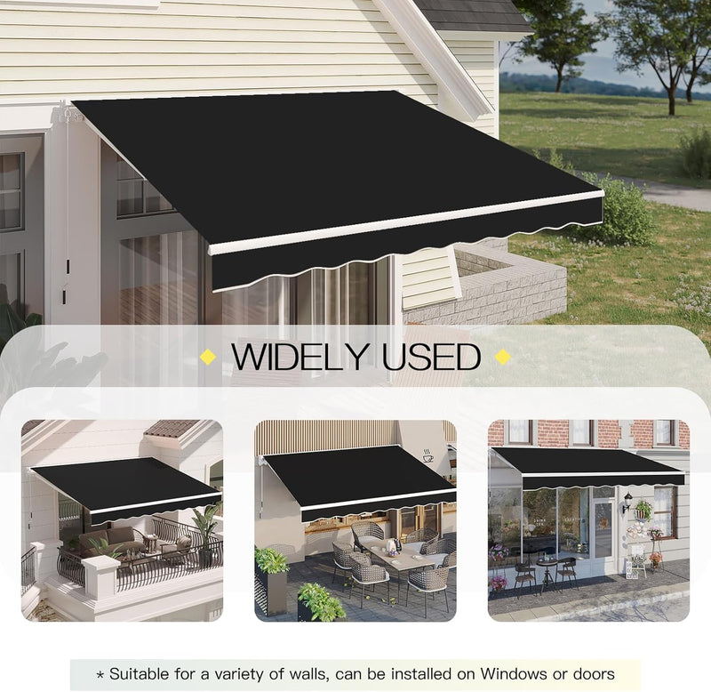 YODOLLA 13'×9.8' Manual Retractable Awning Sun Shade Patio Awning Cover Outdoor Patio Canopy Sunsetter Deck Awnings with Manual Crank Handle, Black