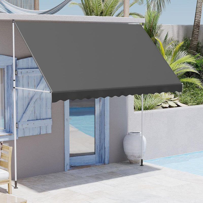 AECOJOY Manual Retractable Awning, 118" Non-Screw Outdoor Patio Awning, Adjustable Pergola Sun Shade Cover with UV Protection, Ideal Outdoor Canopy for Window or Door, Dark Grey