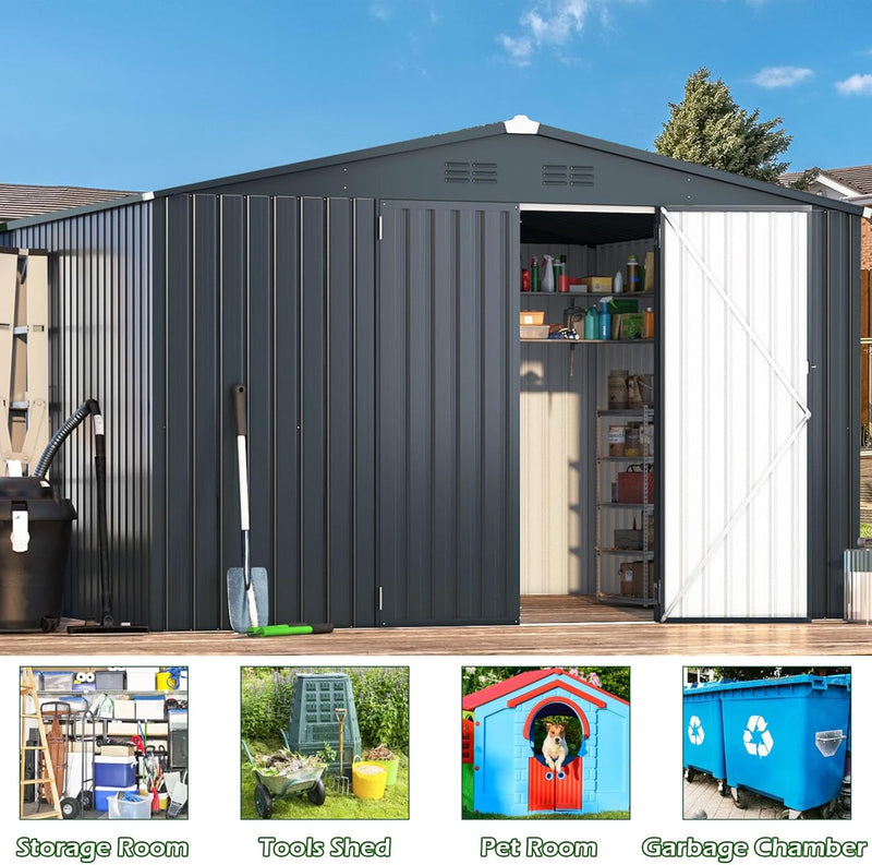 YODOLLA 14' x 12' Outdoor Storage Shed with Lockable Door Patio Metal Garden Storage Building in Dark Gray for Outside