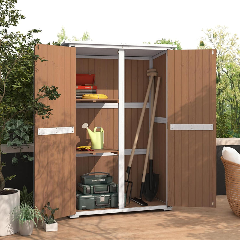 YODOLLA Outdoor Wooden Storage Shed with Waterproof Roof, Patio Storage Cabinet with 2 Removable Shelves and Double Lockable Doors in Brown