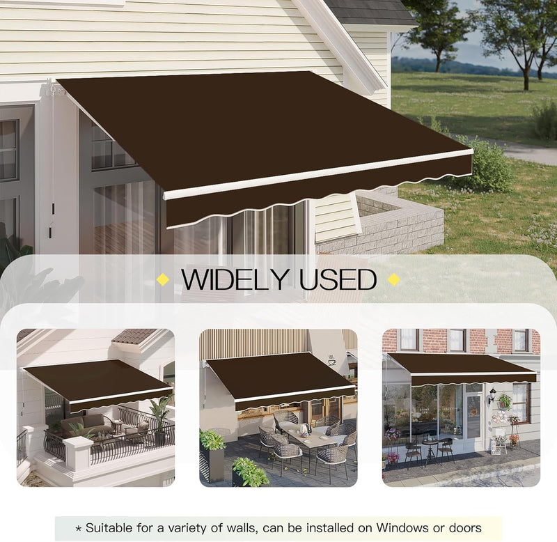 YODOLLA 13'×9.8' Manual Retractable Awning Sun Shade Patio Awning Cover Outdoor Patio Canopy Sunsetter Deck Awnings with Manual Crank Handle, Brown