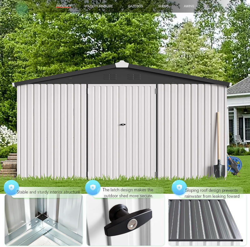 YODOLLA 12 x 12 ft. Outdoor Metal Storage Shed with Sliding Roof & Lockable Door in White