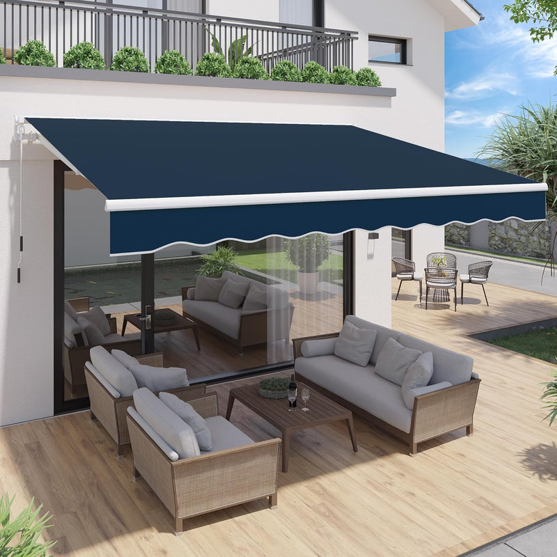 YODOLLA 13'×9.8' Manual Retractable Awning Sun Shade Patio Awning Cover Outdoor Patio Canopy Sunsetter Deck Awnings with Manual Crank Handle, Dark Blue