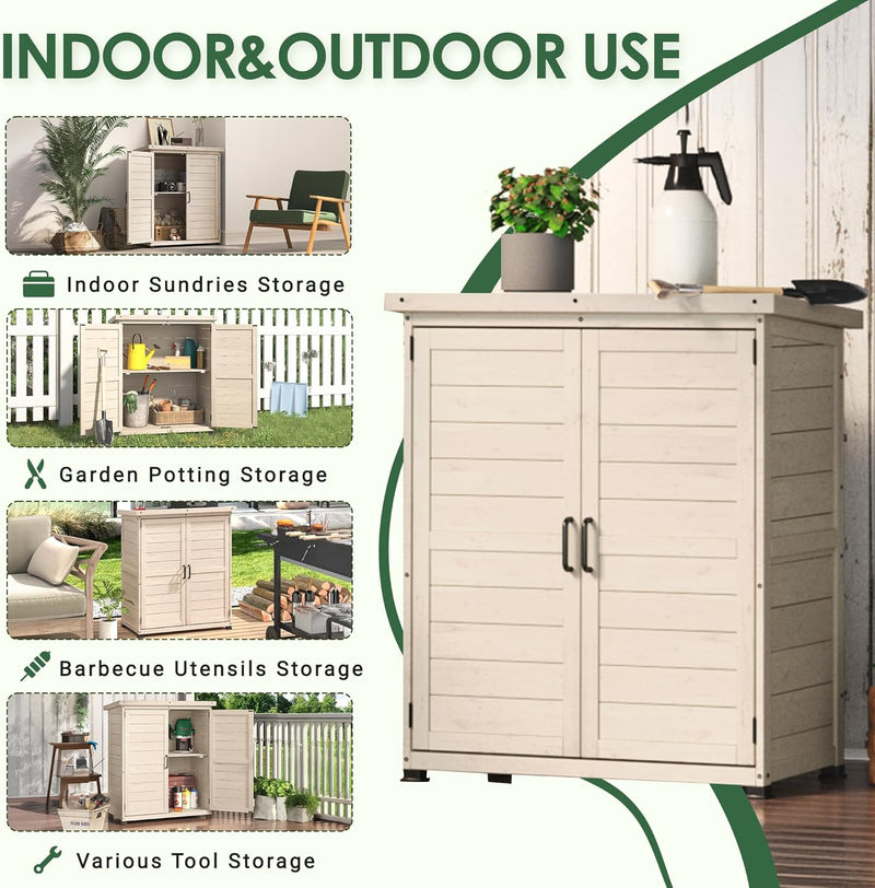 YODOLLA Wooden Free-Standing Floor Cabinet，Practical Storage Cabine with Metal Tabletop and 2 Doors for Kitchen, Entryway, Living Room, Beige