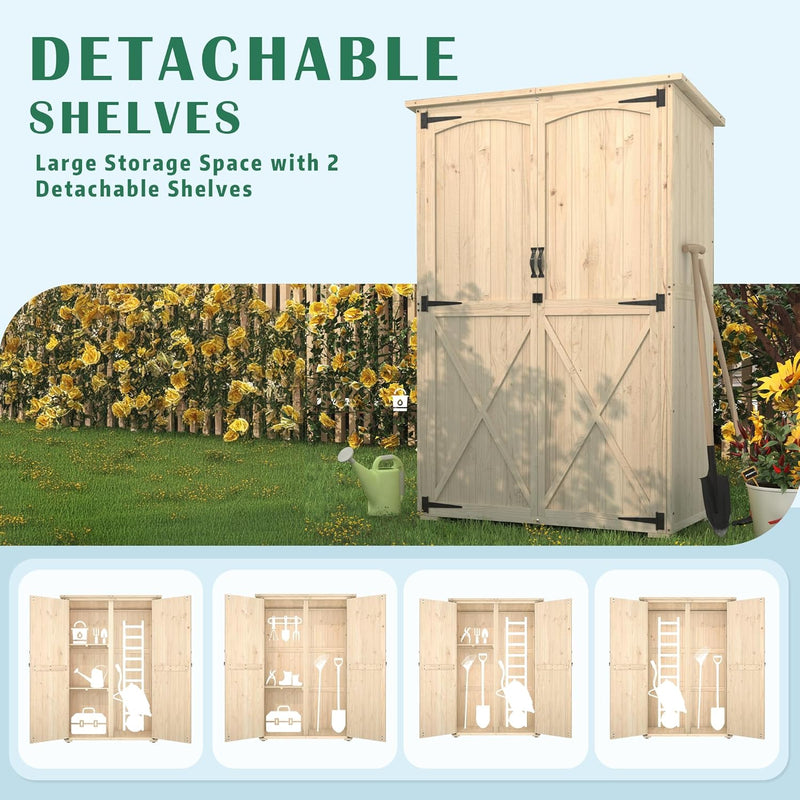 YODOLLA Large Outdoor Wooden Storage Shed with Waterproof Roof, Featuring a Tool Shed with 2 Removable Shelves and Double Lockable Doors in Natural Wood