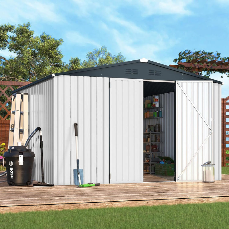 YODOLLA 14' x 12' Outdoor Storage Shed with Lockable Door Patio Metal Garden Storage Building in White for Outside