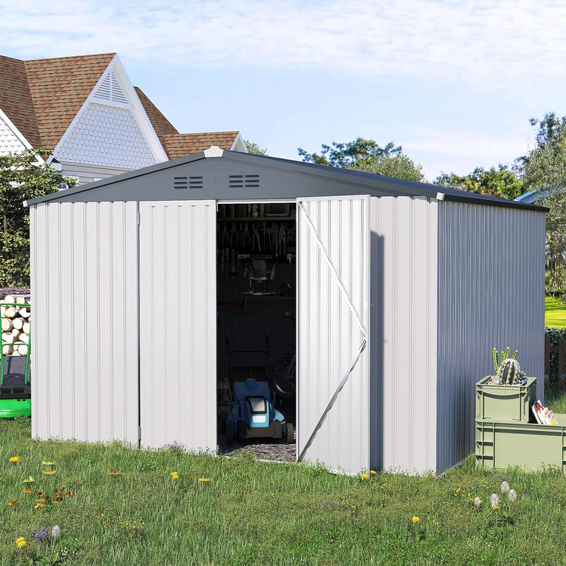 YODOLLA 14' x 12' Outdoor Storage Shed with Lockable Door Patio Metal Garden Storage Building in White for Outside