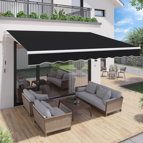 YODOLLA 13'×9.8' Manual Retractable Awning Sun Shade Patio Awning Cover Outdoor Patio Canopy Sunsetter Deck Awnings with Manual Crank Handle, Black