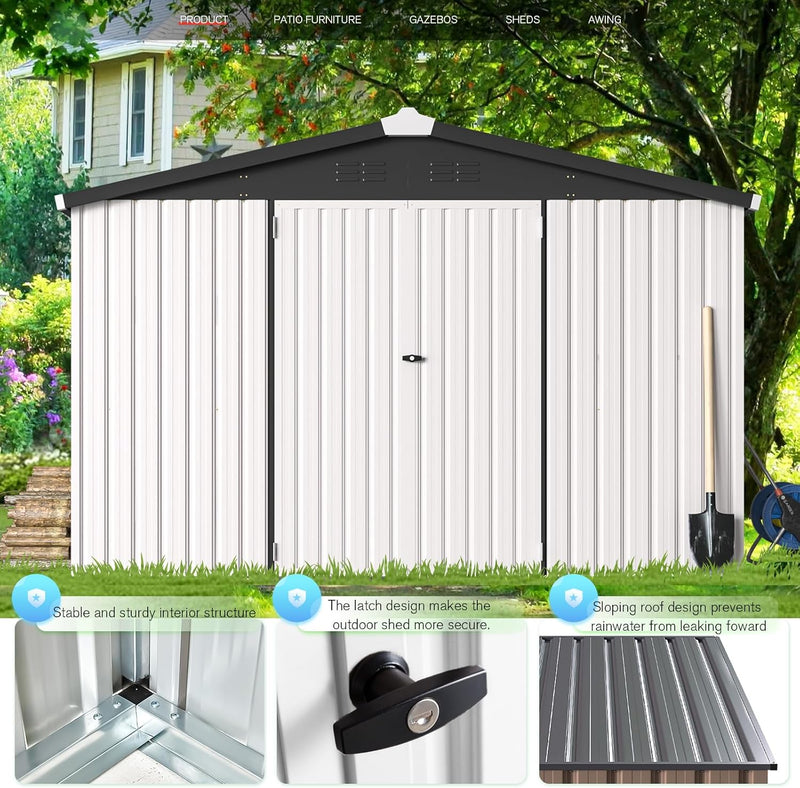 AECOJOY 10' x 14' Outdoor Storage Shed with Lockable Door Patio Metal Garden Storage Building in White for Outside