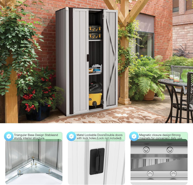 AECOJOY Outdoor Storage Cabinet Metal Organizer for Outside, Garden& Garage Patio Storage Building with Doors and Shelves in White