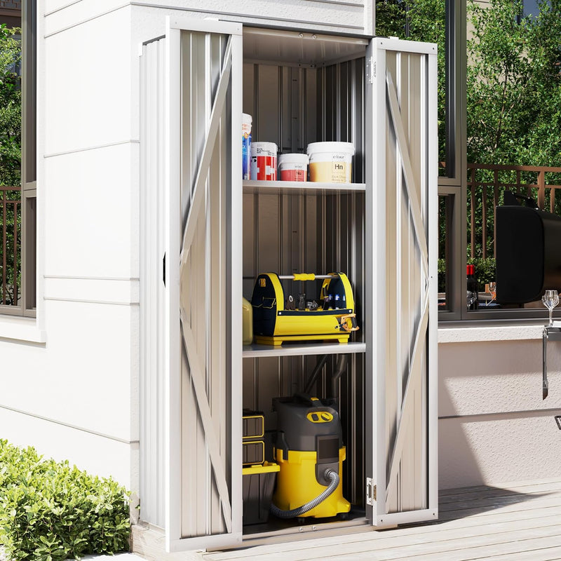 AECOJOY Outdoor Storage Cabinet Metal Organizer for Outside, Garden& Garage Patio Storage Building with Doors and Shelves in White