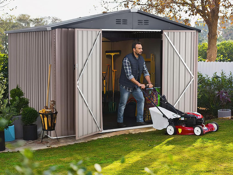 AECOJOY 10' x 8' Outdoor Storage Shed with Lockable Door Patio Metal Garden Storage Building in Brown for Outside