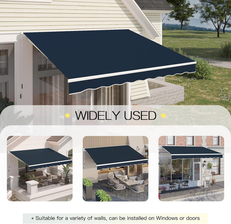 YODOLLA 13'×9.8' Manual Retractable Awning Sun Shade Patio Awning Cover Outdoor Patio Canopy Sunsetter Deck Awnings with Manual Crank Handle, Dark Blue