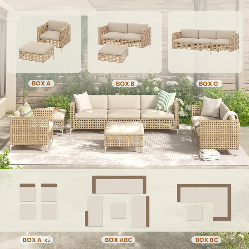 YODOLLA 8-Piece Patio Furniture Set, Boho Style Rattan Wicker Sectional Sofa Couch Outdoor Conversation Set with Table In Beige