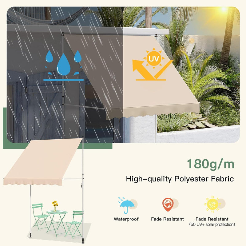 AECOJOY Manual Retractable Awning, 78" Non-Screw Outdoor Patio Awning, Adjustable Pergola Sun Shade Cover with UV Protection, Ideal Outdoor Canopy for Window or Door, Beige