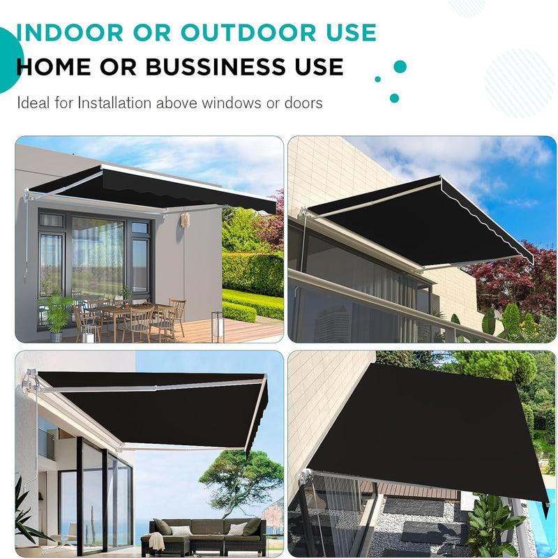 YODOLLA 10'×8' Manual Retractable Awning Sun Shade Patio Awning Cover Outdoor Patio Canopy Sunsetter Deck Awnings with Manual Crank Handle, Black