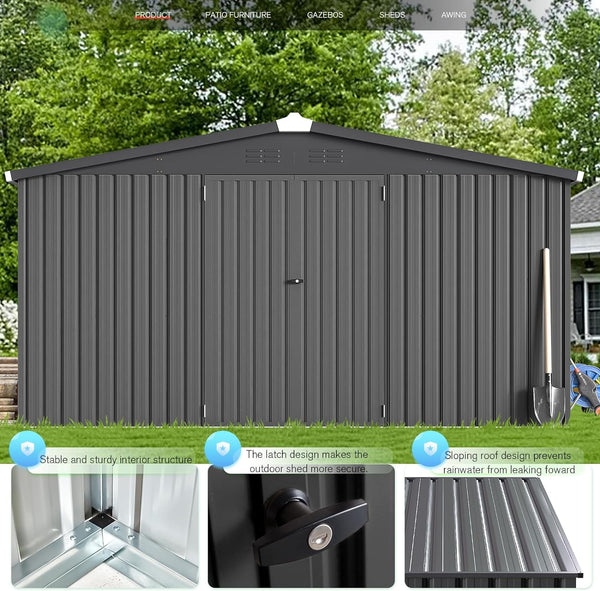 YODOLLA 12 x 12 ft. Outdoor Metal Storage Shed with Sliding Roof & Lockable Door in Dark Gray