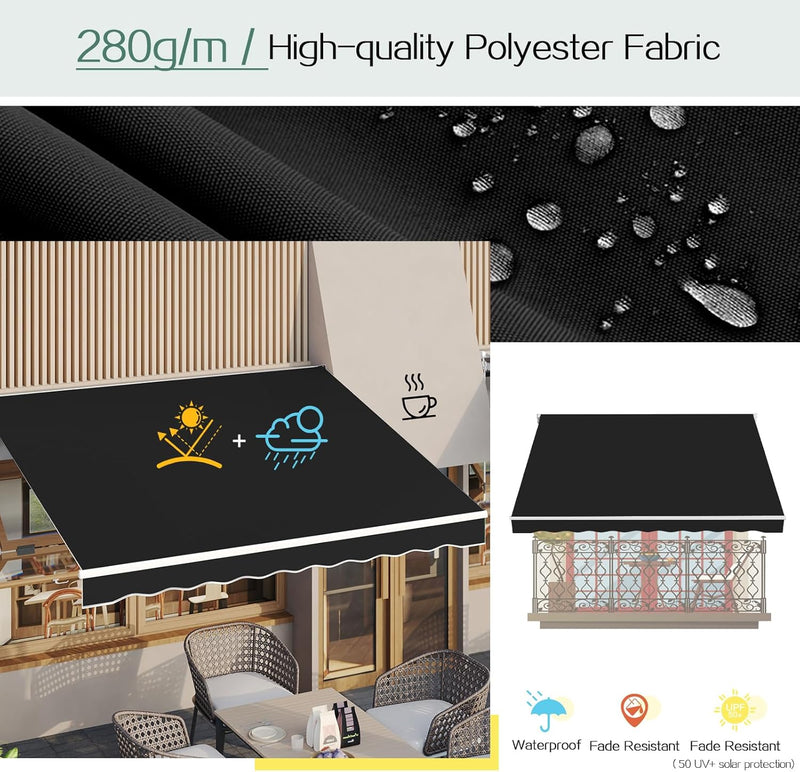 YODOLLA 13'×9.8' Manual Retractable Awning Sun Shade Patio Awning Cover Outdoor Patio Canopy Sunsetter Deck Awnings with Manual Crank Handle, Black