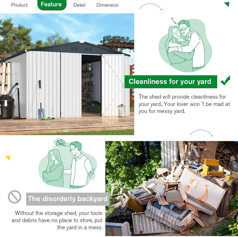 YODOLLA 14' x 12' Outdoor Storage Shed with Lockable Door Patio Metal Garden Storage Building in White for Outside