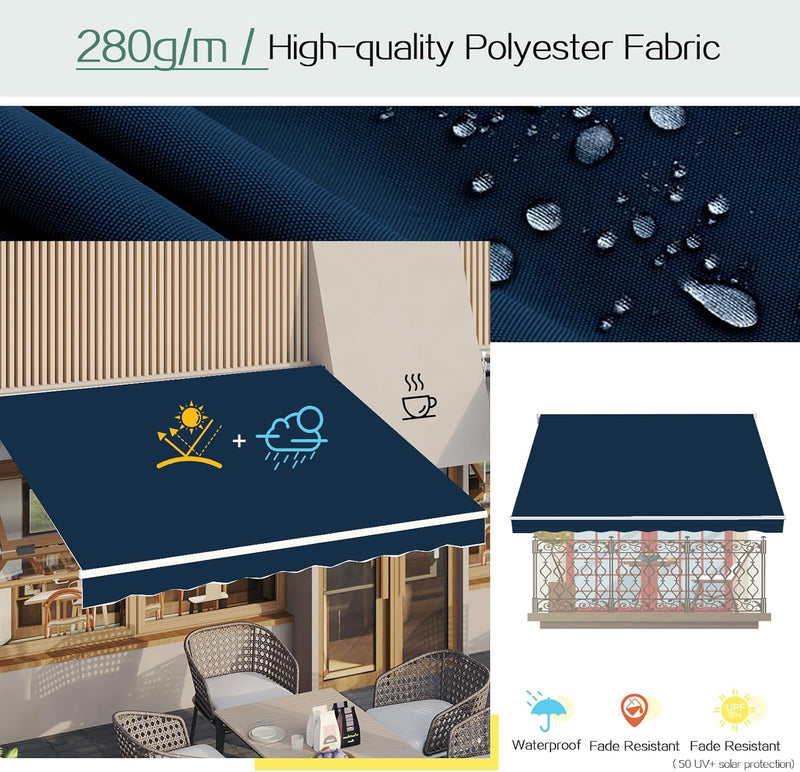 YODOLLA 13'×9.8' Manual Retractable Awning Sun Shade Patio Awning Cover Outdoor Patio Canopy Sunsetter Deck Awnings with Manual Crank Handle, Dark Blue