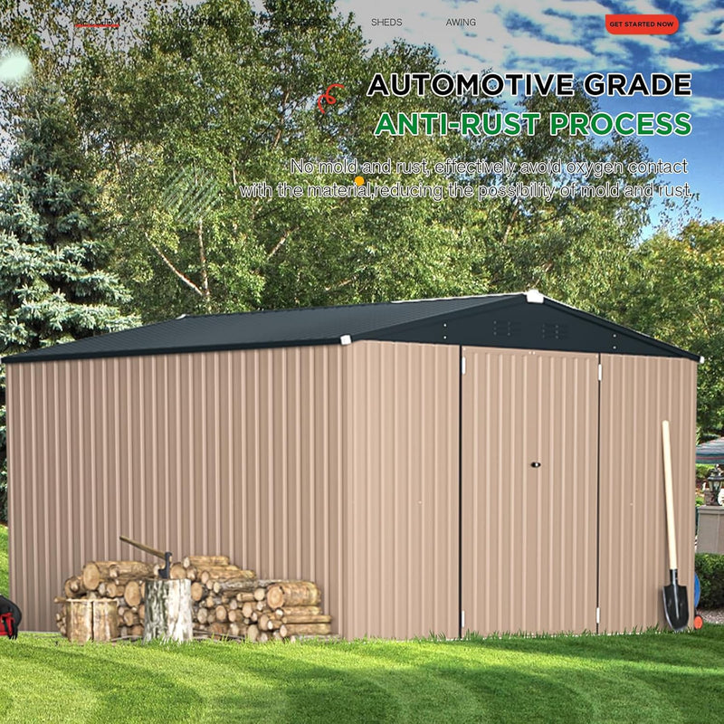 AECOJOY 10' x 10' Outdoor Storage Shed with Lockable Door Patio Metal Garden Storage Building in Brown for Outside