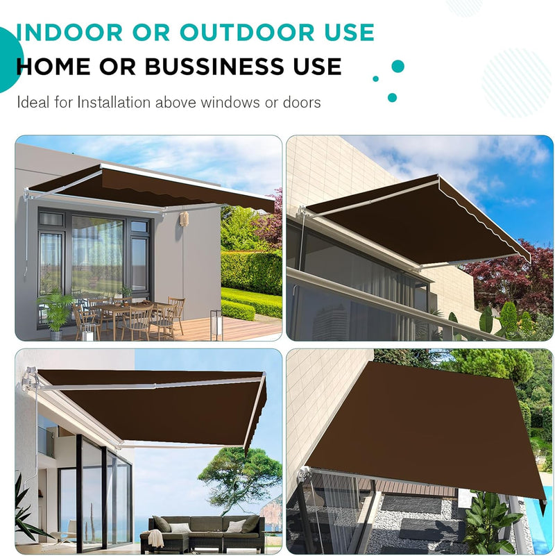 YODOLLA 10'×8' Manual Retractable Awning Sun Shade Patio Awning Cover Outdoor Patio Canopy Sunsetter Deck Awnings with Manual Crank Handle, Brown