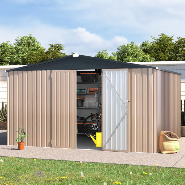 AECOJOY 10' x 12' Outdoor Metal Storage Shed with Lockable Door for Backyard in Gray