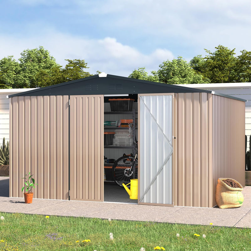 AECOJOY 10' x 12' Outdoor Metal Storage Shed with Lockable Door for Backyard in Gray