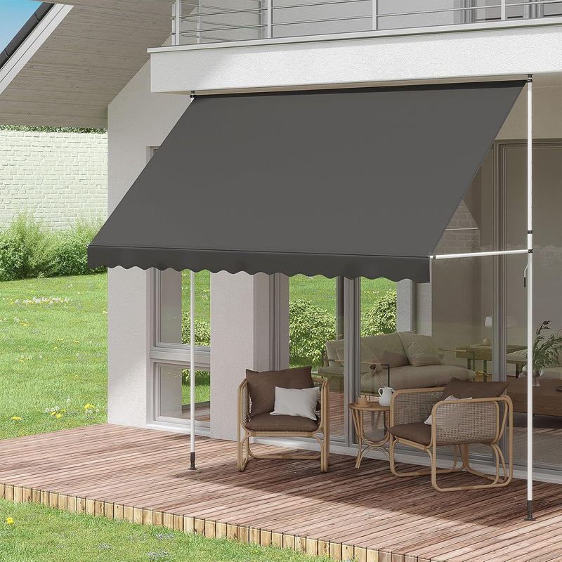 AECOJOY Manual Retractable Awning, 118" Non-Screw Outdoor Patio Awning, Adjustable Pergola Sun Shade Cover with UV Protection, Ideal Outdoor Canopy for Window or Door, Dark Grey