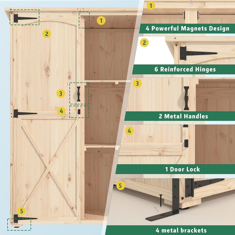 YODOLLA Large Outdoor Wooden Storage Shed with Waterproof Roof, Featuring a Tool Shed with 2 Removable Shelves and Double Lockable Doors in Natural Wood