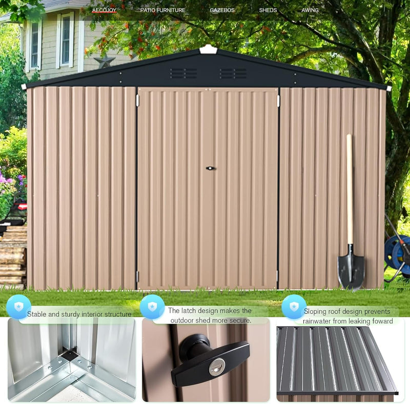 AECOJOY 10' x 10' Outdoor Storage Shed with Lockable Door Patio Metal Garden Storage Building in Brown for Outside