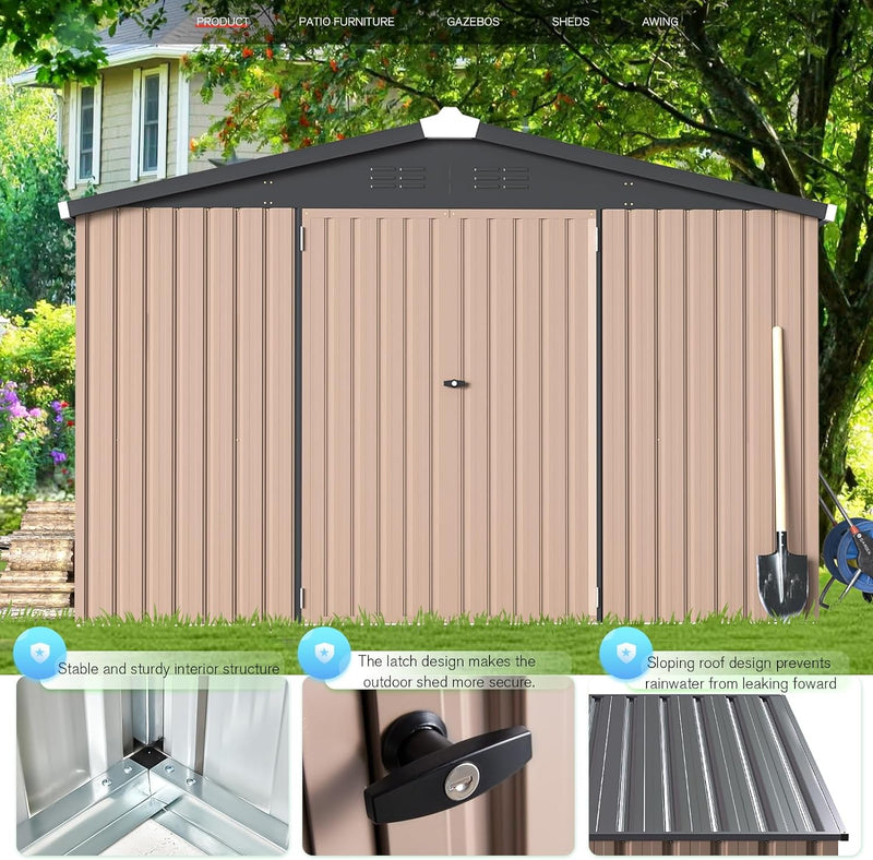 AECOJOY 10' x 14' Outdoor Storage Shed with Lockable Door Patio Metal Garden Storage Building in Brown for Outside