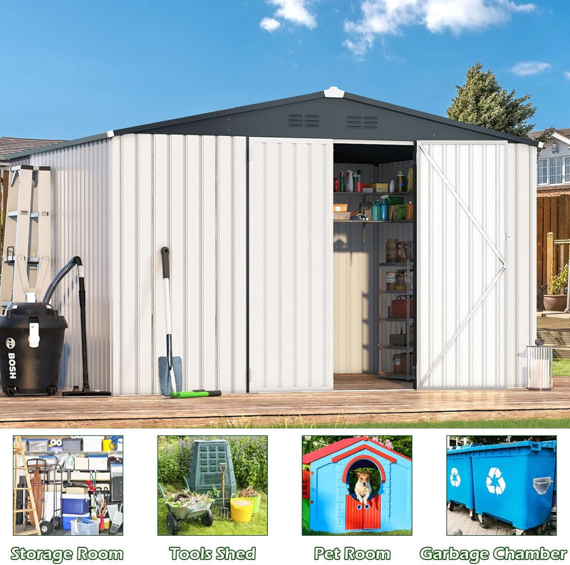 YODOLLA 14' x 12' Outdoor Storage Shed with Lockable Door Patio Metal Garden Storage Building in White for Outside