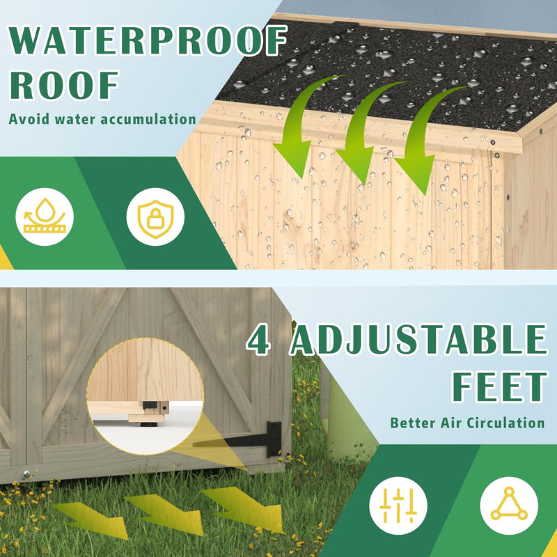 YODOLLA Large Outdoor Wooden Storage Shed with Waterproof Roof, Featuring a Tool Shed with 2 Removable Shelves and Double Lockable Doors in Natural Wood