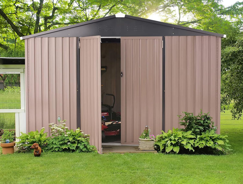 AECOJOY 10' x 8' Outdoor Storage Shed with Lockable Door Patio Metal Garden Storage Building in Brown for Outside