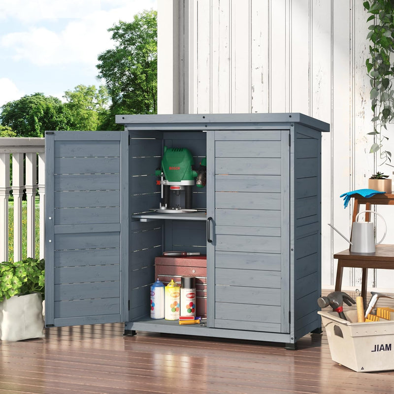 YODOLLA Wooden Free-Standing Floor Cabinet，Practical Storage Cabine with Metal Tabletop and 2 Doors for Kitchen, Entryway, Living Room, Gray