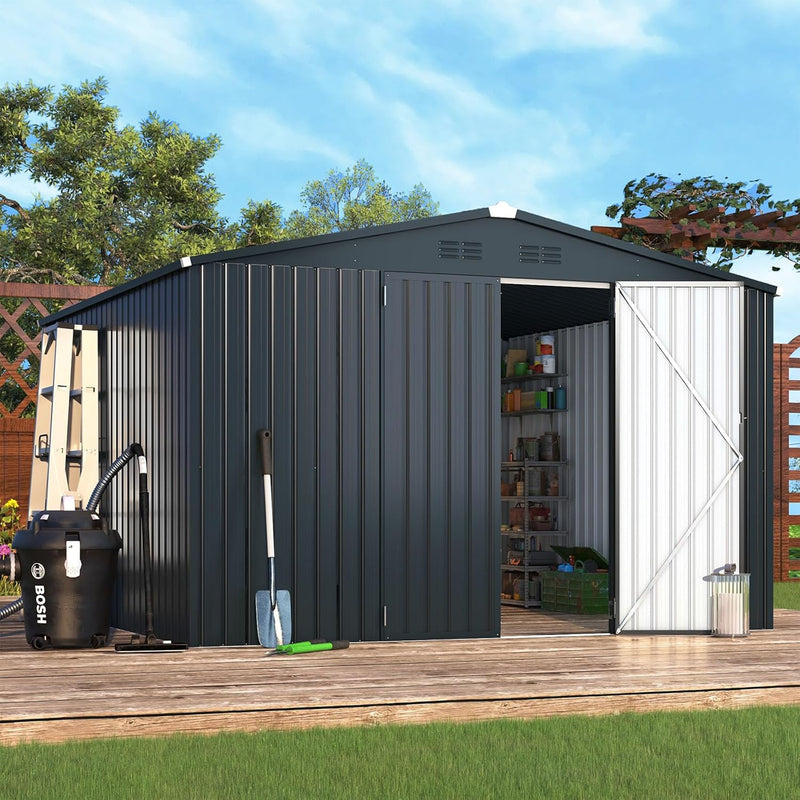 YODOLLA 10' x 14' Outdoor Storage Shed with Lockable Door Patio Metal Garden Storage Building in Dark Gray for Outside