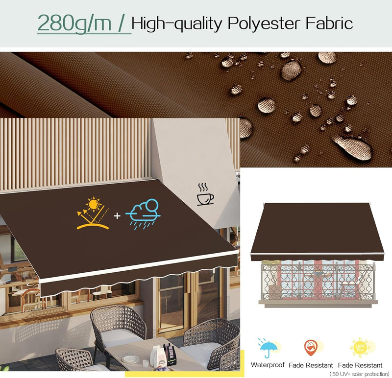 YODOLLA 13'×9.8' Manual Retractable Awning Sun Shade Patio Awning Cover Outdoor Patio Canopy Sunsetter Deck Awnings with Manual Crank Handle, Brown