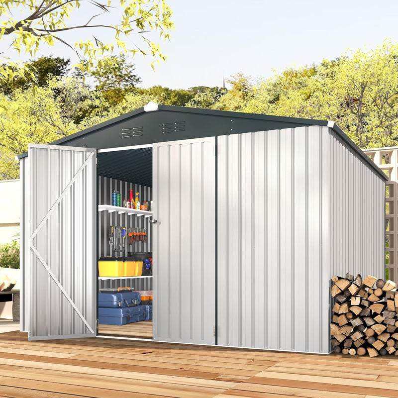 YODOLLA 14' x 12' Outdoor Storage Shed with Lockable Door Patio Metal Garden Storage Building in White for Outside