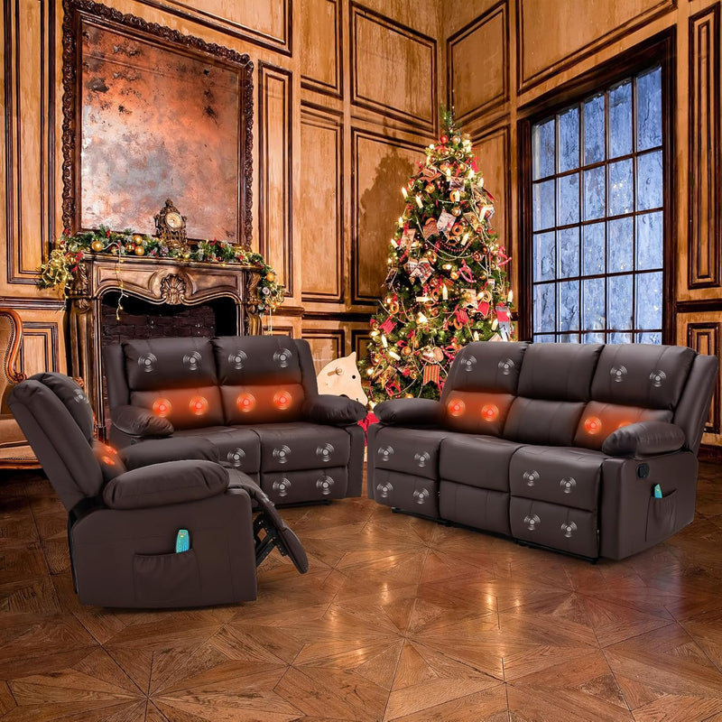 AECOJOY 3 Pieces Recliner Sofa Set with Massage Heated Function, Home Theater Seating Leather Couch Set with Side Pockets, Brown