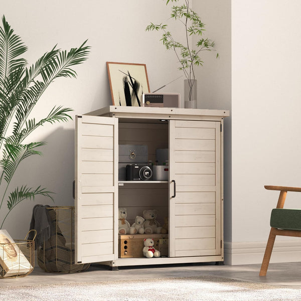 YODOLLA Wooden Free-Standing Floor Cabinet，Practical Storage Cabine with Metal Tabletop and 2 Doors for Kitchen, Entryway, Living Room, Beige